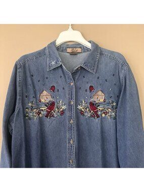 Vintage Embroidered Red Bird Button Shirt Women 14W/16W Cardinal Denim Chambray
